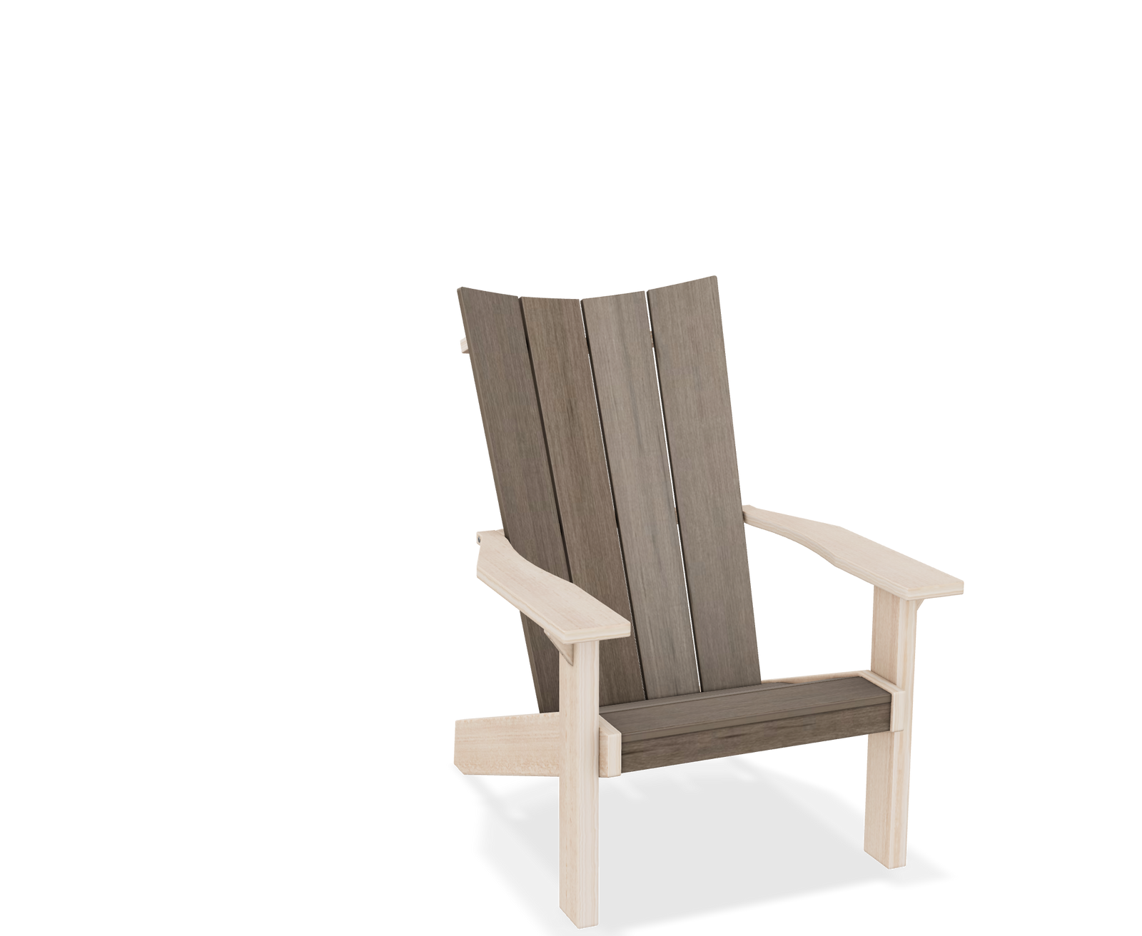 Cream and driftwood modern Adirondack chair with orange and red pillows on flagstone by a stone facade