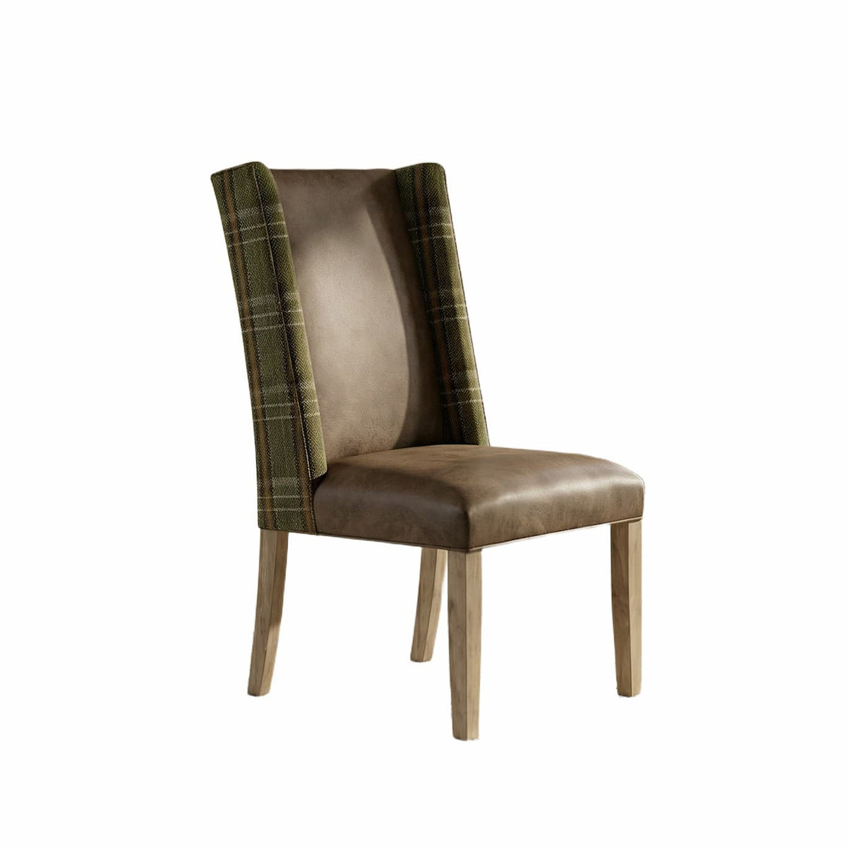 A high-back dining chair with a brown faux-leather seat and cushion, flared wings upholstered in a green tartan plaid pattern, and four tapered wooden legs, shown on a plain white background.