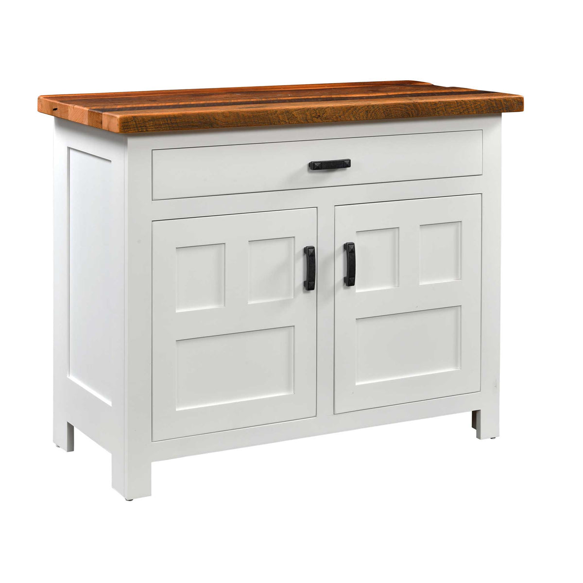 Two-door sideboard buffet in white with one wide drawer, black iron pulls and a reclaimed wood top