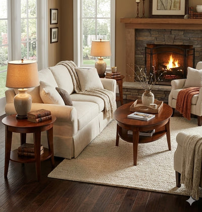 Living room with a round cherry coffee table and matching round end tables beside a cream sofa and stone fireplace
