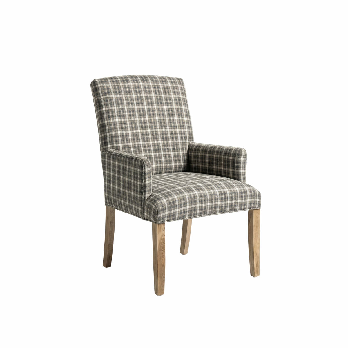 An upholstered armchair with a gray and white plaid fabric, featuring light natural wood legs, shown against a plain white background.