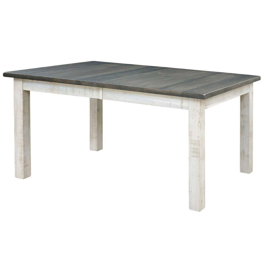 Alamo rectangular leg table with weathered gray top, distressed white apron and square tapered legs on white