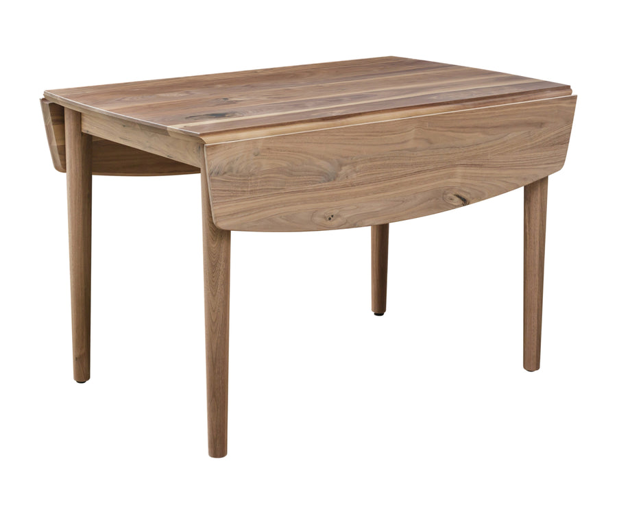 Walnut drop leaf table with both leaves lowered showing rounded corners and turned tapered legs