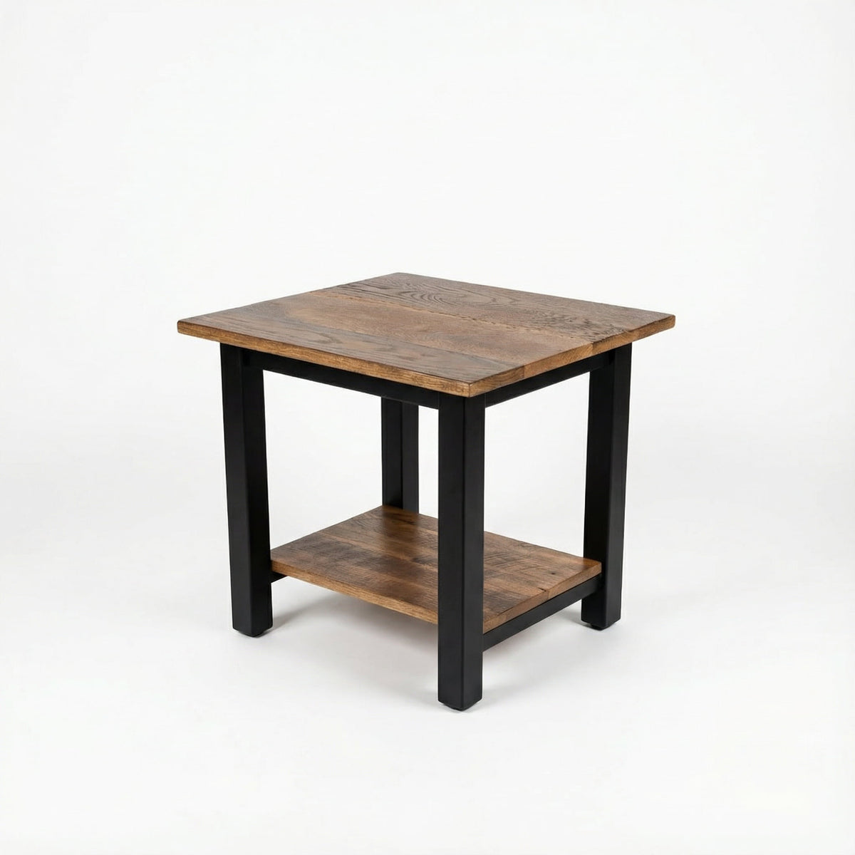 Wooden side table with black legs on a white background