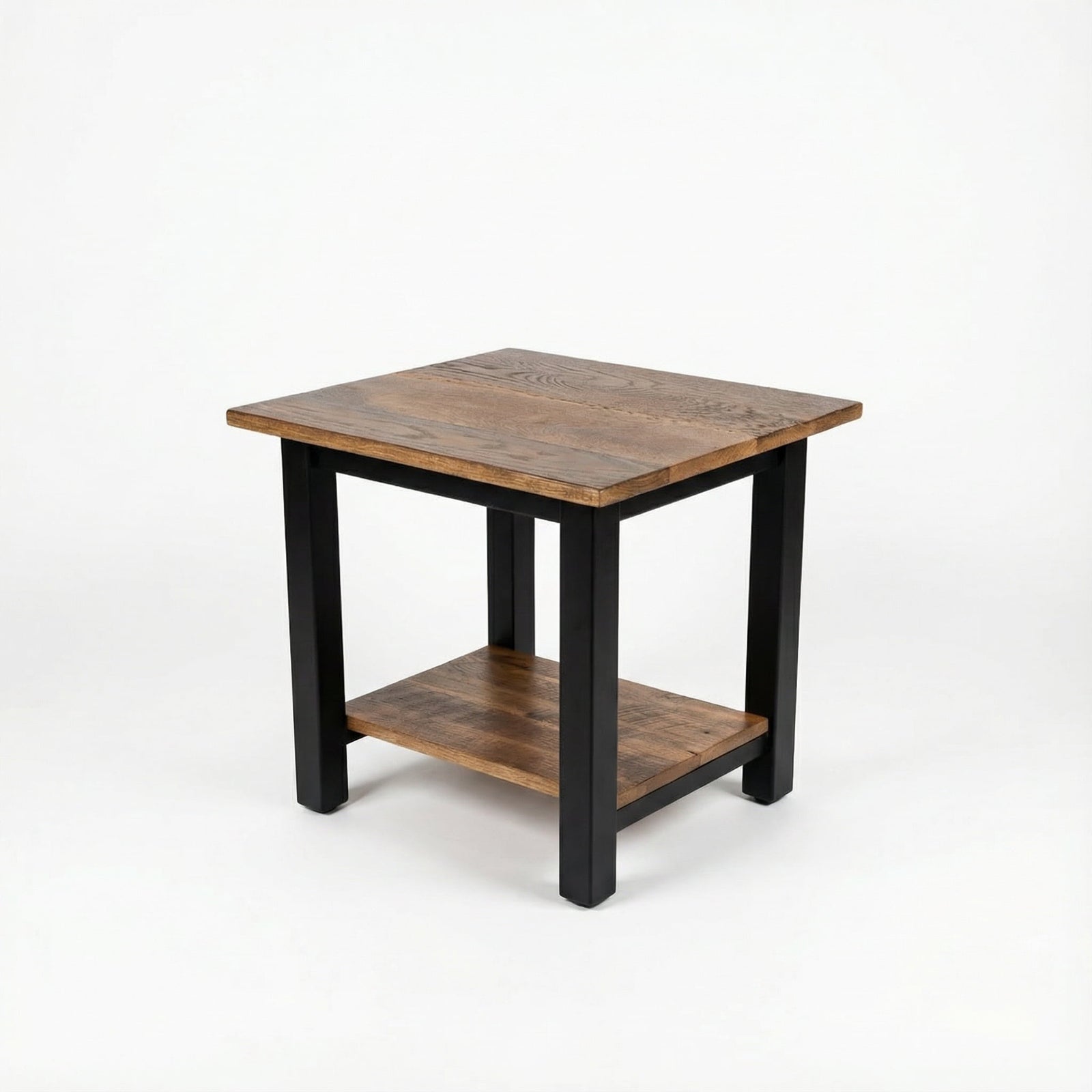 Wooden side table with black legs on a white background