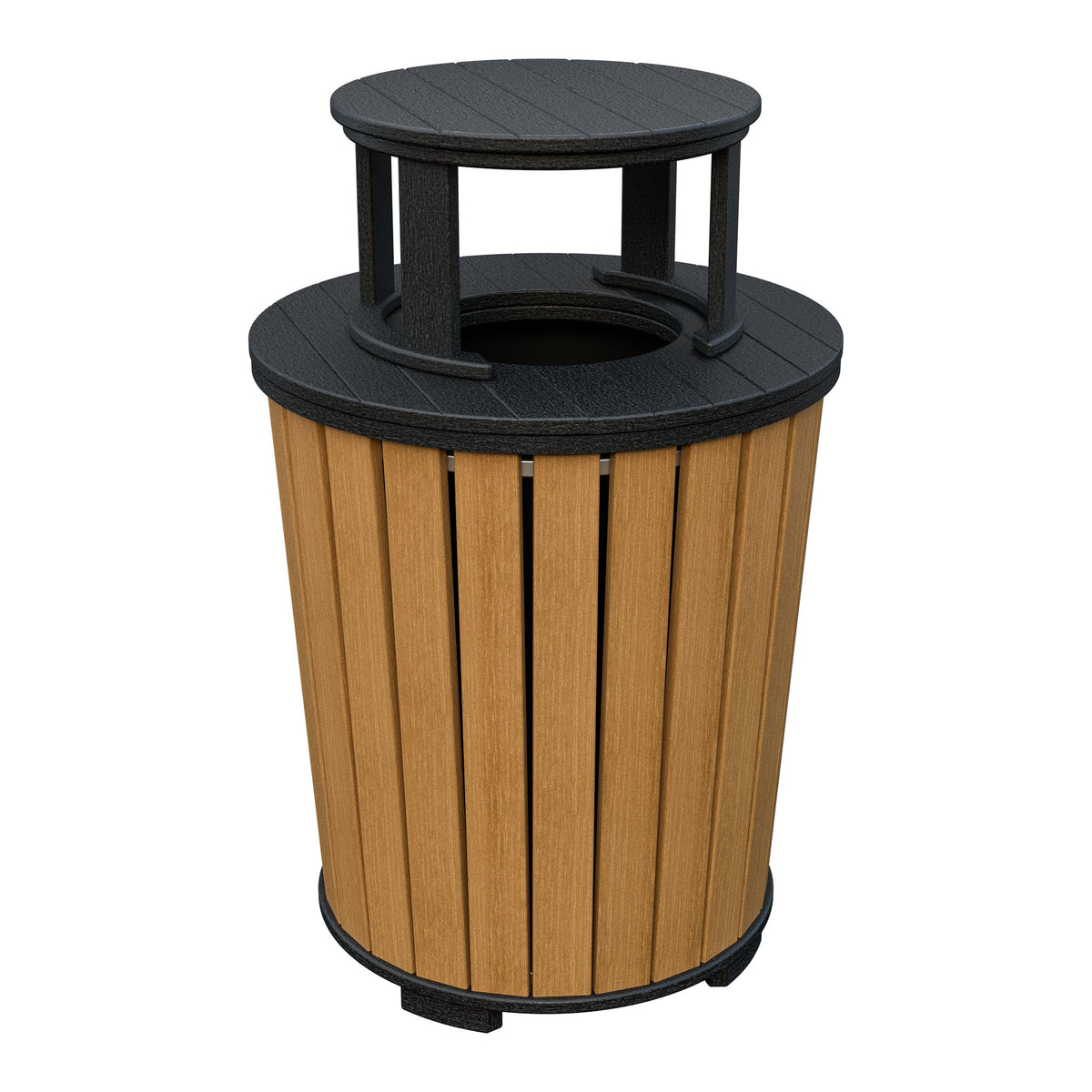 Amish Poly Outdoor Trash Can with Lid in Natural Teak & Black
