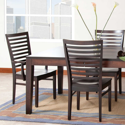 Espresso ladder back dining chairs with wide horizontal slats and wood seats around a dark table by a city window