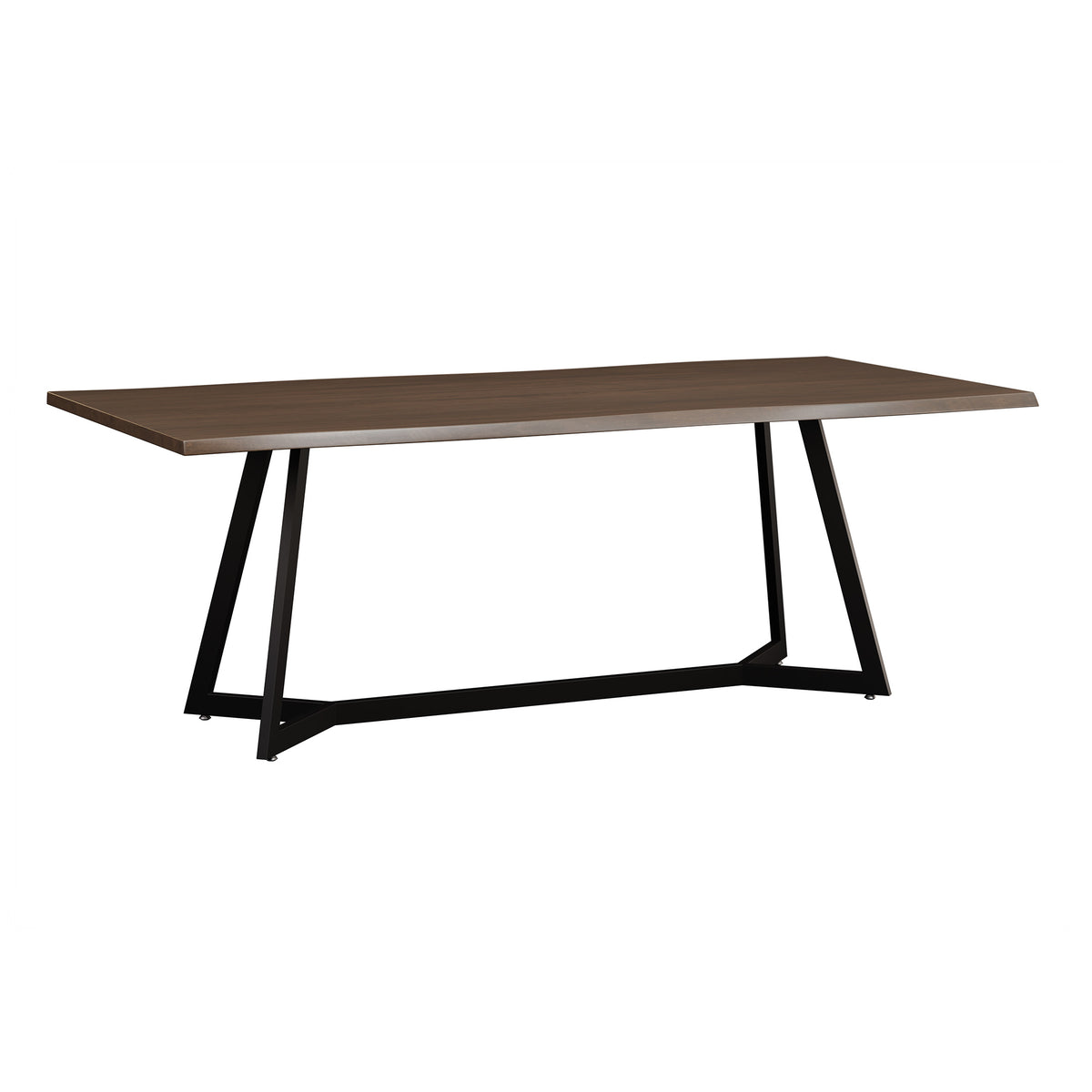 A modern rectangular dining table with a medium brown wood-grain top and a black metal A-frame base, shown on a plain white background.
