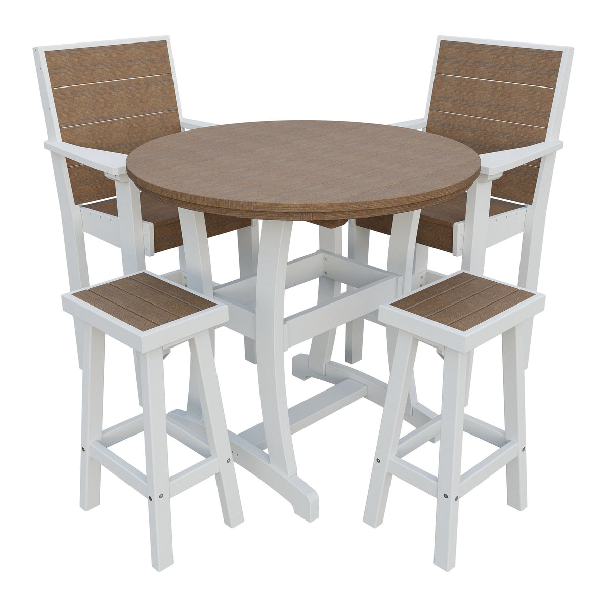 Amish Coastal Modern 5pc Patio Bar Set: Table, 2 Bar Chairs & 2 Barstools in Antique Mahogany & White