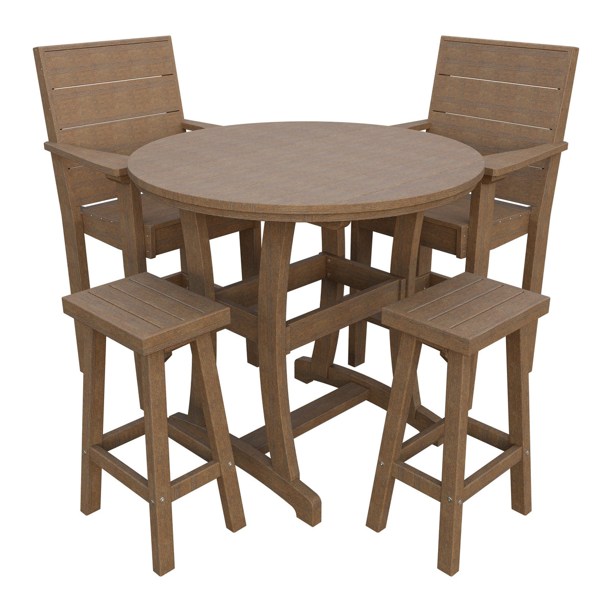 Amish Coastal Modern 5pc Patio Bar Set: Table, 2 Bar Chairs & 2 Barstools in Antique Mahogany