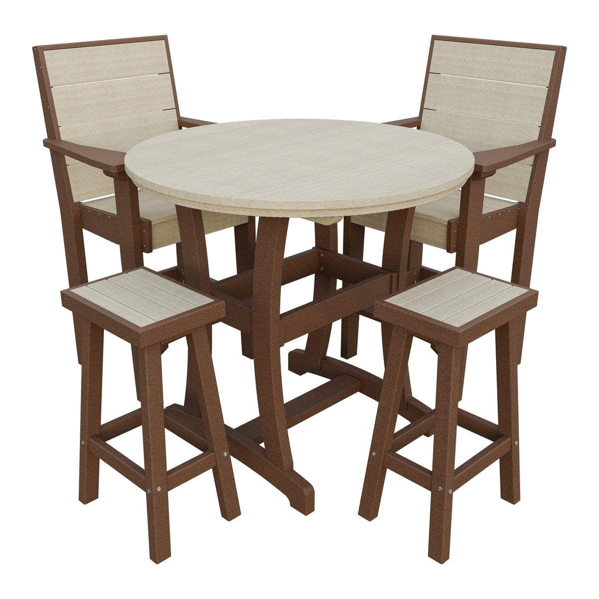 Amish Coastal Modern 5pc Patio Bar Set: Table, 2 Bar Chairs & 2 Barstools in Birchwood & Tudor Brown