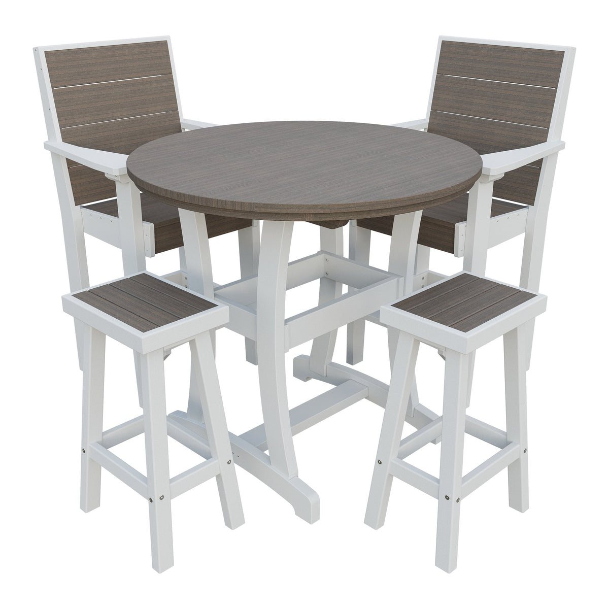 Amish Coastal Modern 5pc Patio Bar Set: Table, 2 Bar Chairs & 2 Barstools in Brazilian Walnut & White