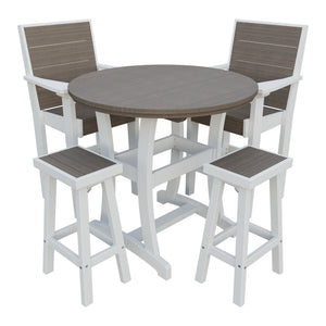 Amish Coastal Modern 5pc Patio Bar Set: Table, 2 Bar Chairs & 2 Barstools in Brazilian Walnut & White