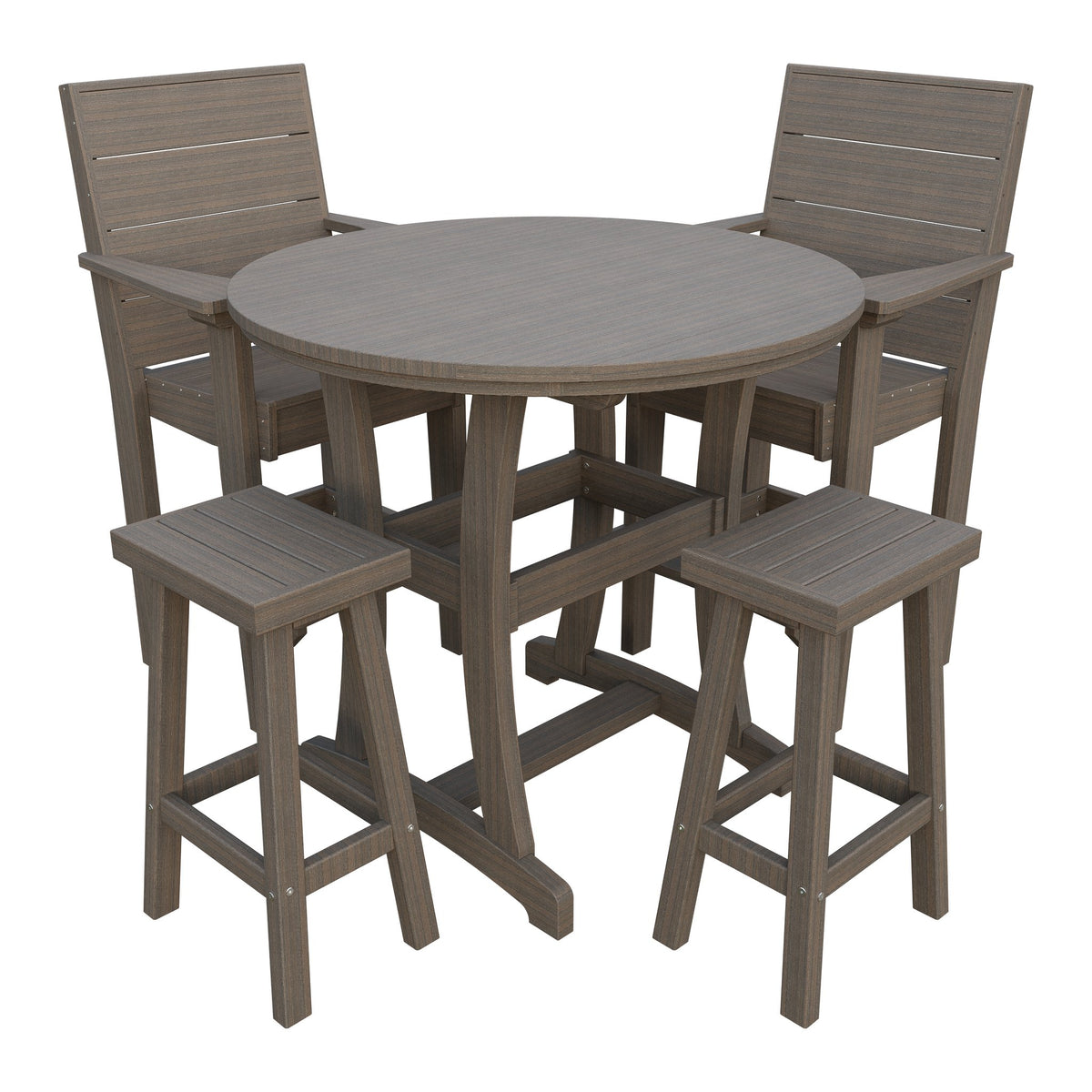 Amish Coastal Modern 5pc Patio Bar Set: Table, 2 Bar Chairs & 2 Barstools in Brazilian Walnut