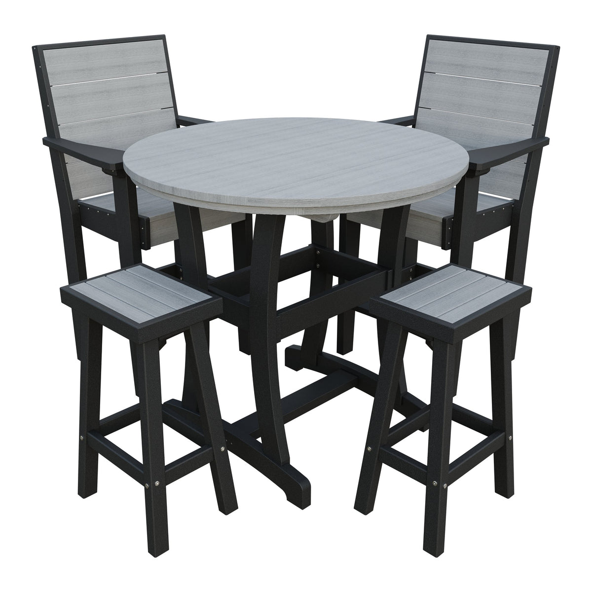 Amish Coastal Modern 5pc Patio Bar Set: Table, 2 Bar Chairs & 2 Barstools in Driftwood Gray & Black