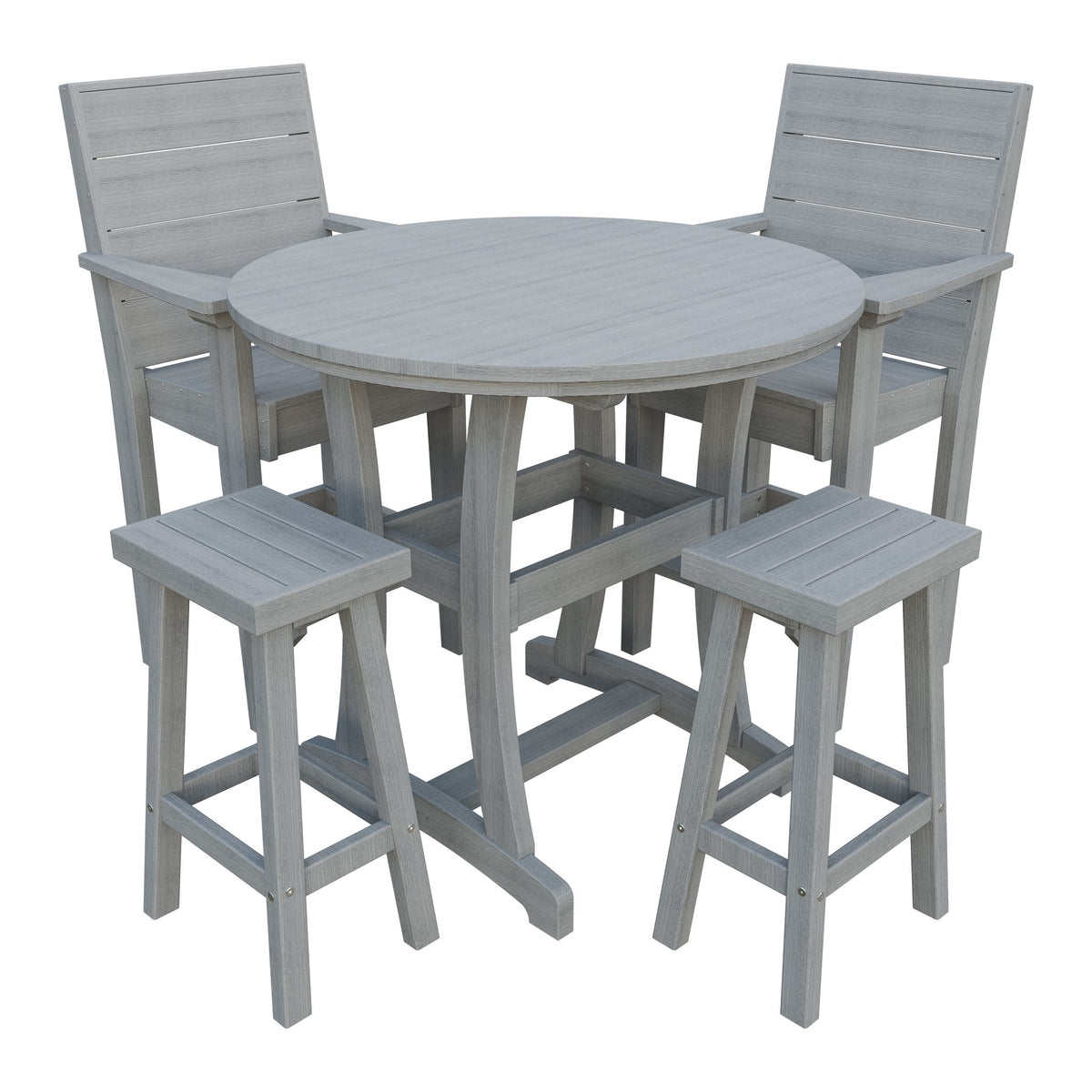 Amish Coastal Modern 5pc Patio Bar Set: Table, 2 Bar Chairs & 2 Barstools in Driftwood Gray