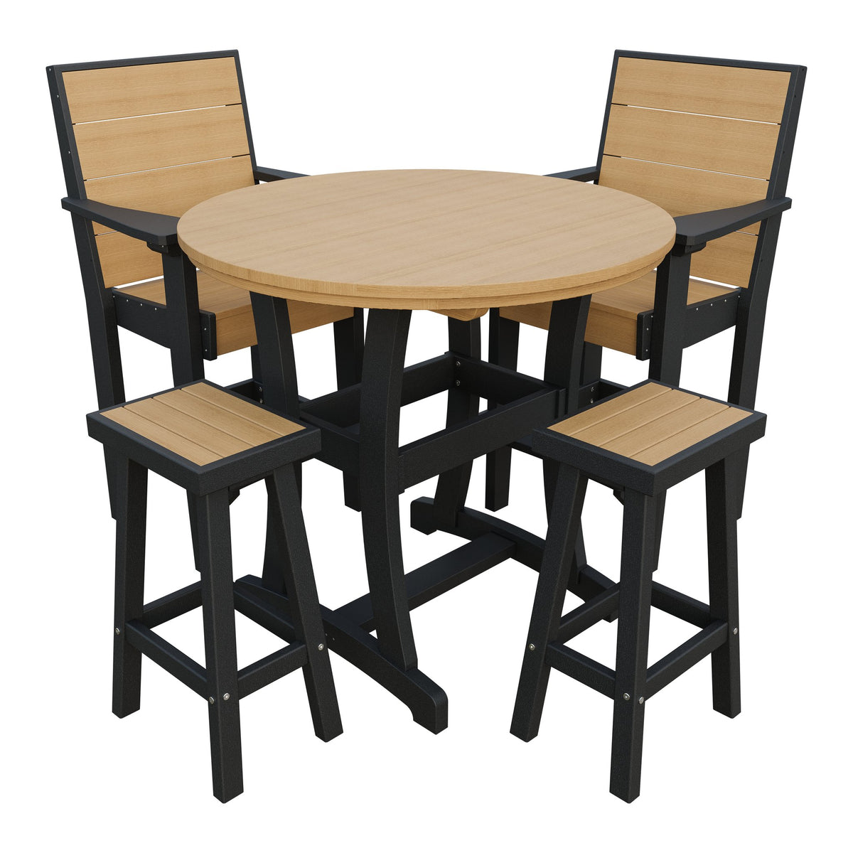 Amish Coastal Modern 5pc Patio Bar Set: Table, 2 Bar Chairs & 2 Barstools in Natural Teak & Black
