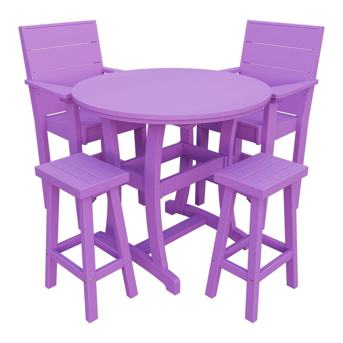 Amish Coastal Modern 5pc Patio Bar Set: Table, 2 Bar Chairs & 2 Barstools in Bright Purple