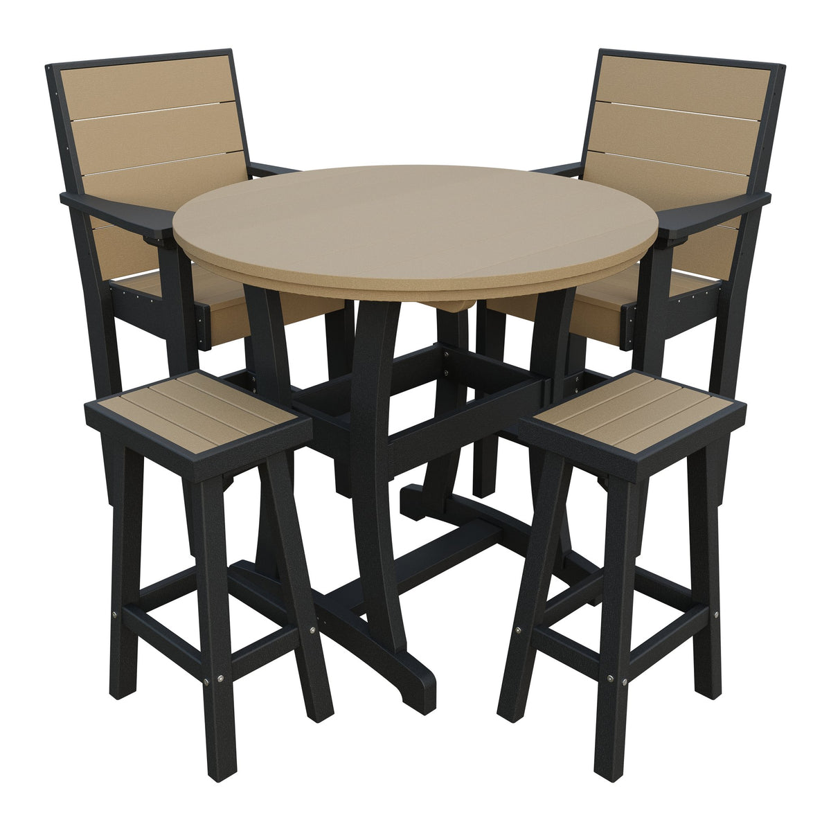 Amish Coastal Modern 5pc Patio Bar Set: Table, 2 Bar Chairs & 2 Barstools in Weathered Wood & Black