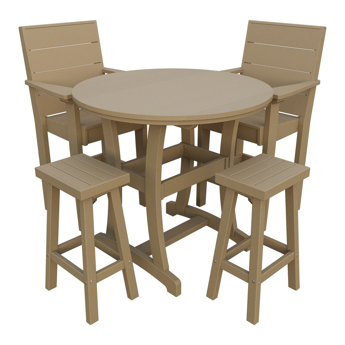 Amish Coastal Modern 5pc Patio Bar Set: Table, 2 Bar Chairs & 2 Barstools in Weathered Wood