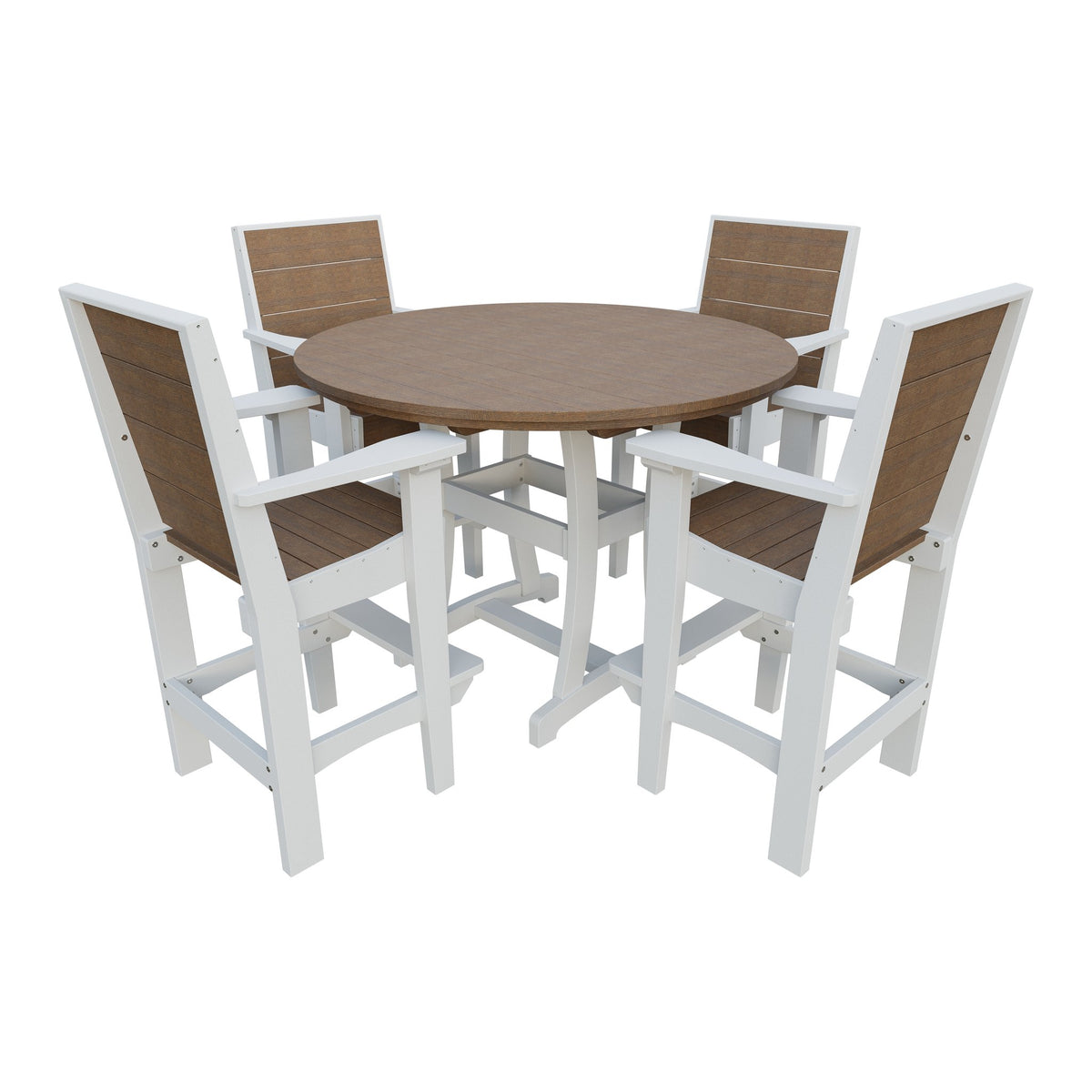 Amish Coastal Modern 5pc Patio Bar Set: 54" Round Table & 4 Chairs in Antique Mahogany & White