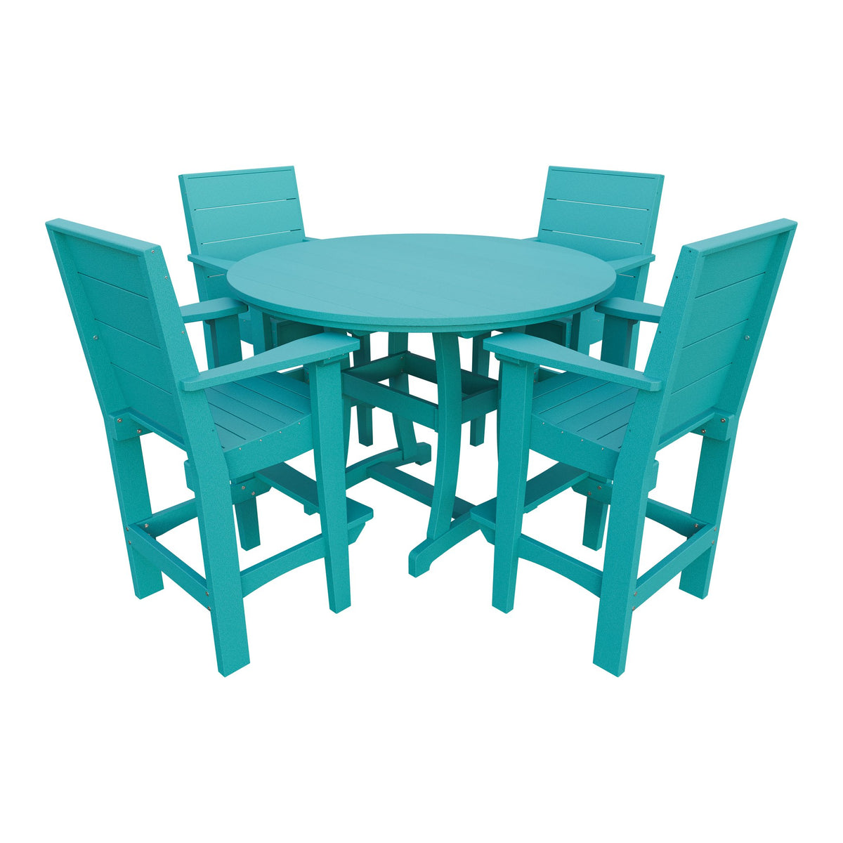 Amish Coastal Modern 5pc Patio Bar Set: 54" Round Table & 4 Chairs in Aruba Blue