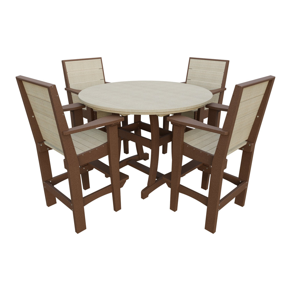 Amish Coastal Modern 5pc Patio Bar Set: 54" Round Table & 4 Chairs in Birchwood & Tudor Brown