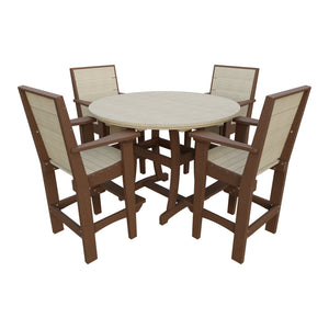 Amish Coastal Modern 5pc Patio Bar Set: 54" Round Table & 4 Chairs in Birchwood & Tudor Brown