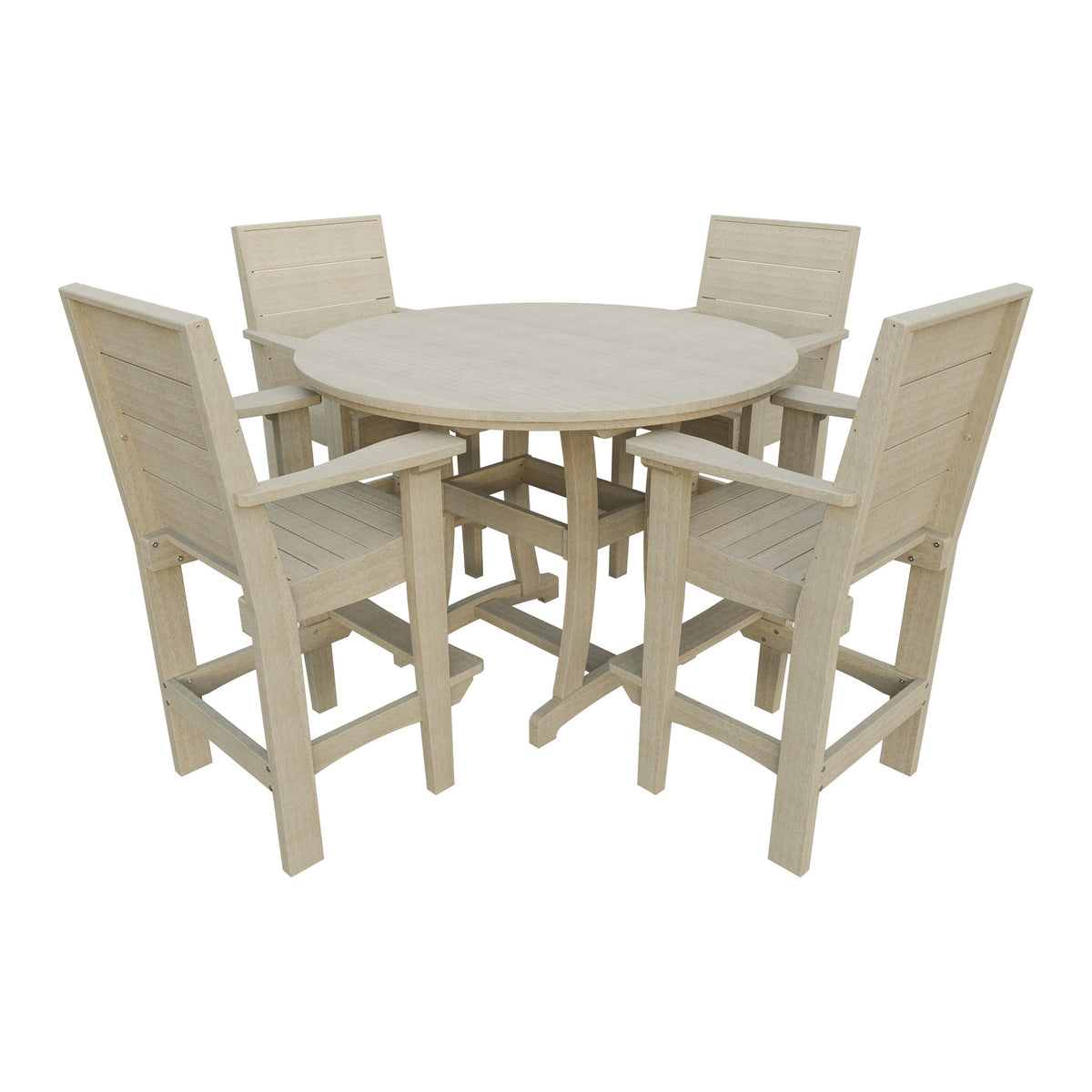 Amish Coastal Modern 5pc Patio Bar Set: 54" Round Table & 4 Chairs in Birchwood