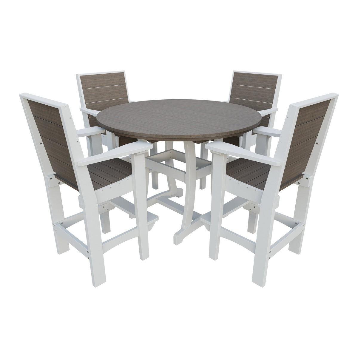 Amish Coastal Modern 5pc Patio Bar Set: 54" Round Table & 4 Chairs in Brazilian Walnut & White