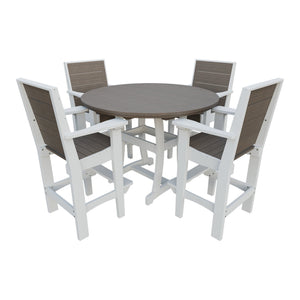 Amish Coastal Modern 5pc Patio Bar Set: 54" Round Table & 4 Chairs in Brazilian Walnut & White