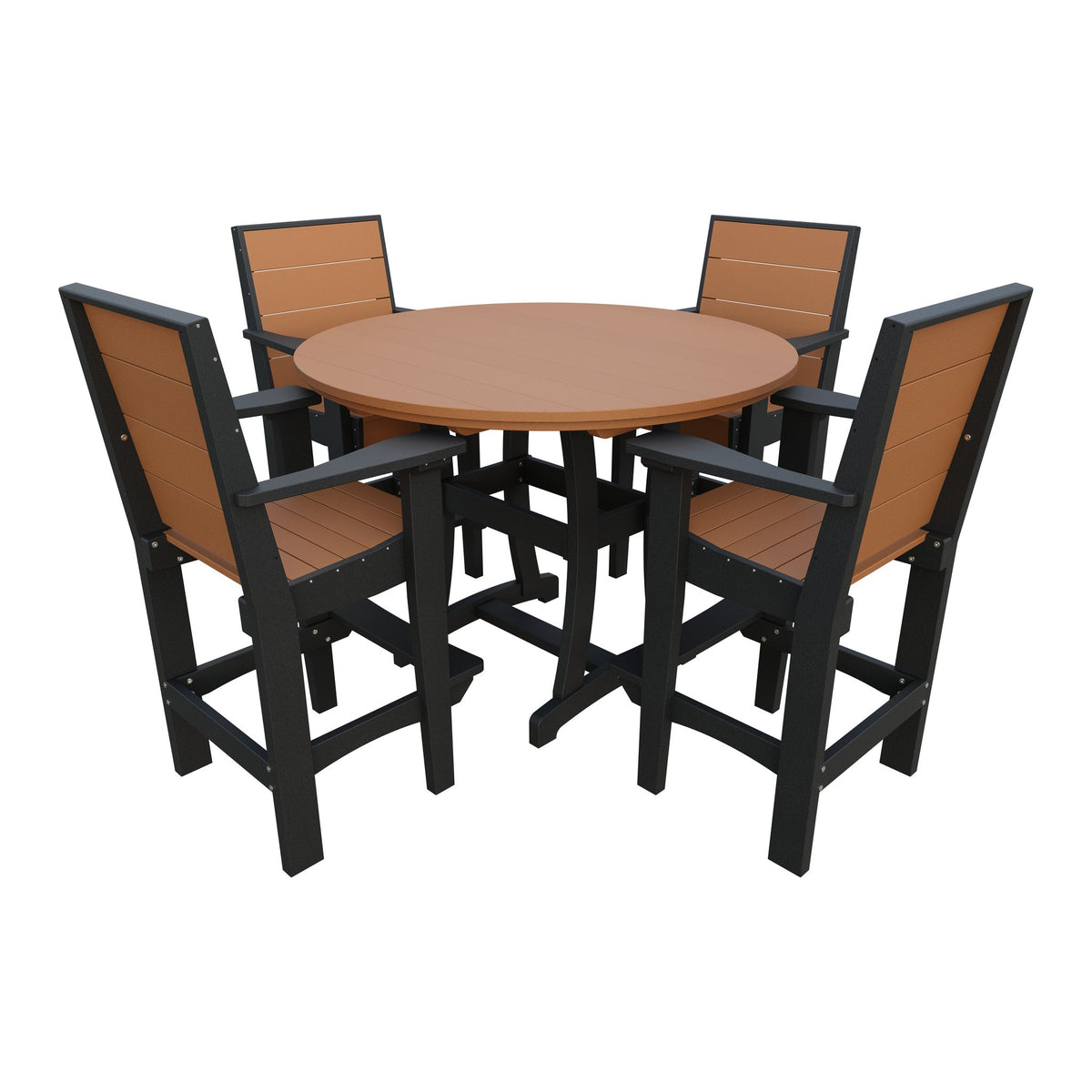 Amish Coastal Modern 5pc Patio Bar Set: 54" Round Table & 4 Chairs in Cedar & Black