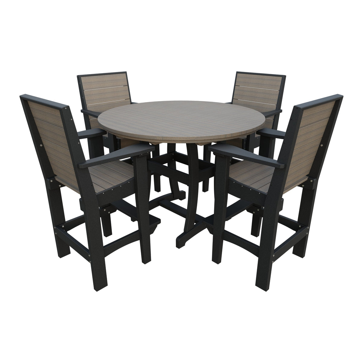 Amish Coastal Modern 5pc Patio Bar Set: 54" Round Table & 4 Chairs in Coastal Gray & Black