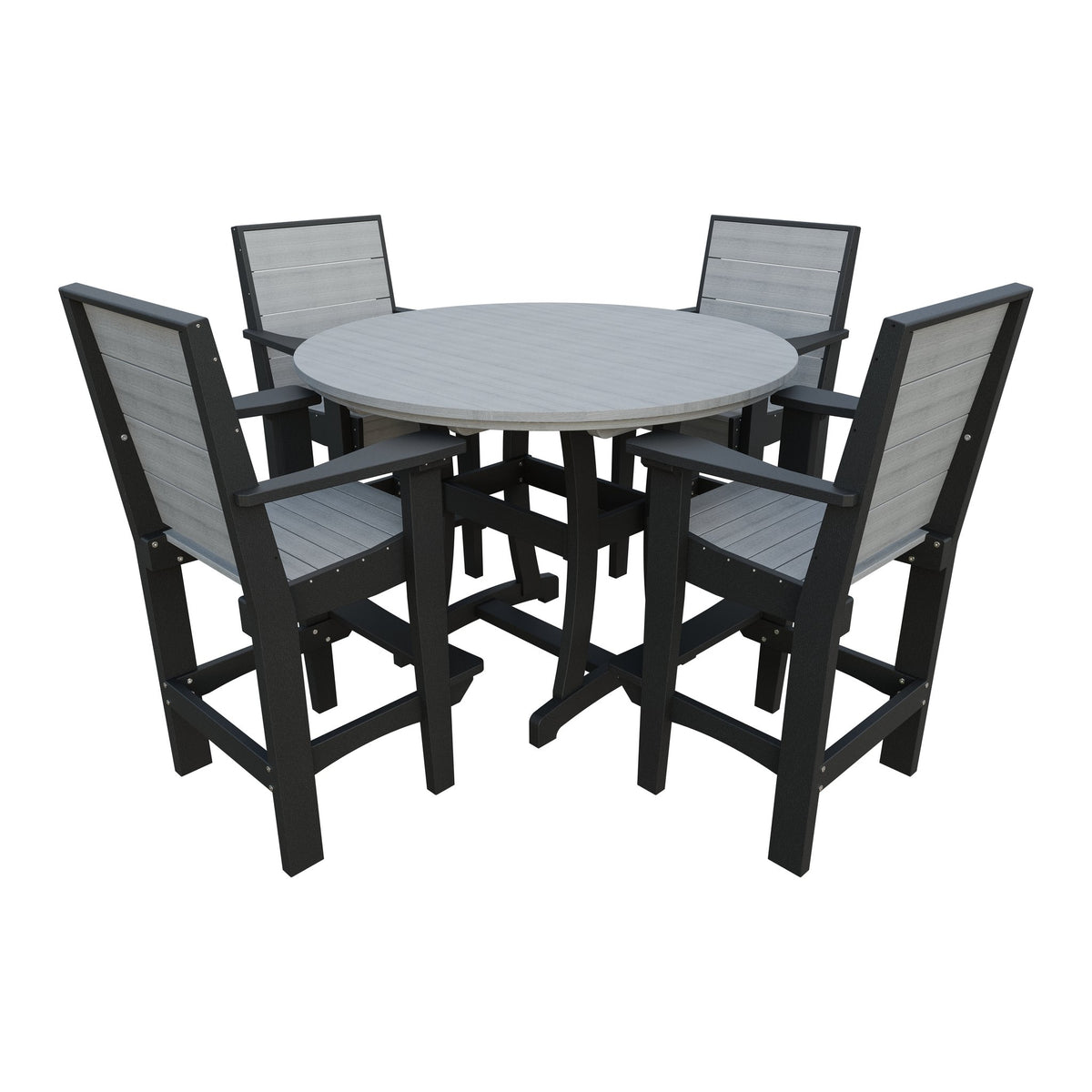 Amish Coastal Modern 5pc Patio Bar Set: 54" Round Table & 4 Chairs in Driftwood Gray & Black