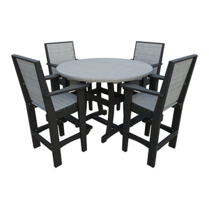 Amish Coastal Modern 5pc Patio Bar Set: 54" Round Table & 4 Chairs in Driftwood Gray & Black