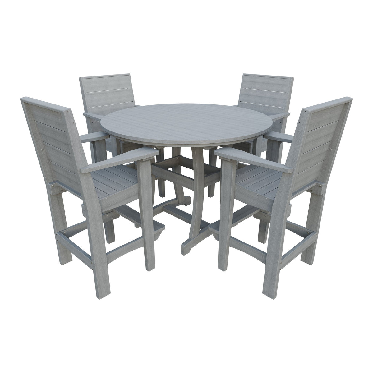 Amish Coastal Modern 5pc Patio Bar Set: 54" Round Table & 4 Chairs in Driftwood Gray