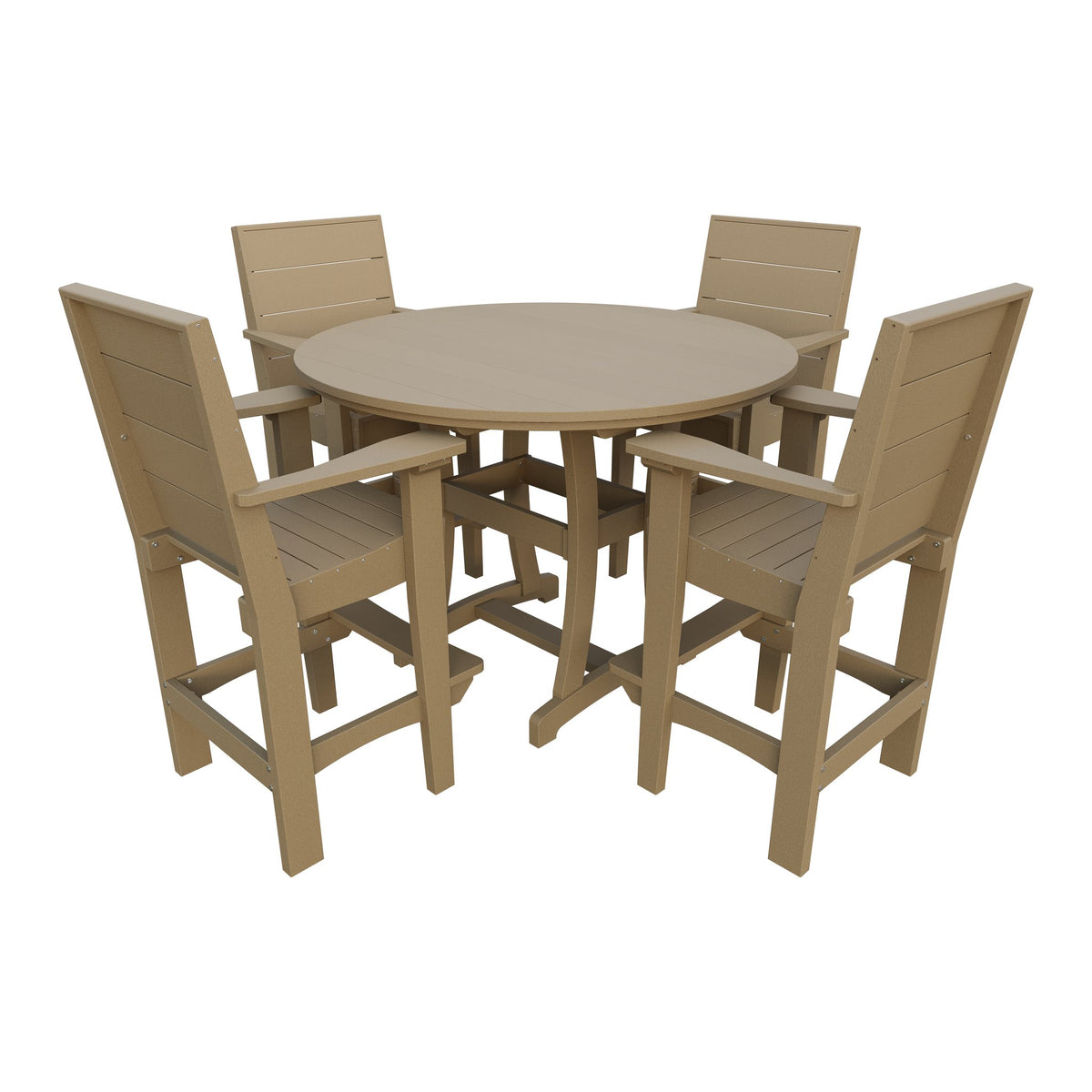 Amish Coastal Modern 5pc Patio Bar Set: 54" Round Table & 4 Chairs in Weathered Wood