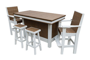 Amish Coastal Modern Patio Bar Set: Bar, 2 Bar Chairs & 2 Barstools in Antique Mahogany & White
