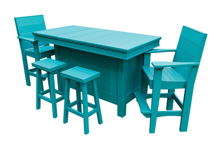 Amish Coastal Modern Patio Bar Set: Bar, 2 Bar Chairs & 2 Barstools in Aruba Blue