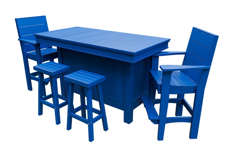 Amish Coastal Modern Patio Bar Set: Bar, 2 Bar Chairs & 2 Barstools in Blue