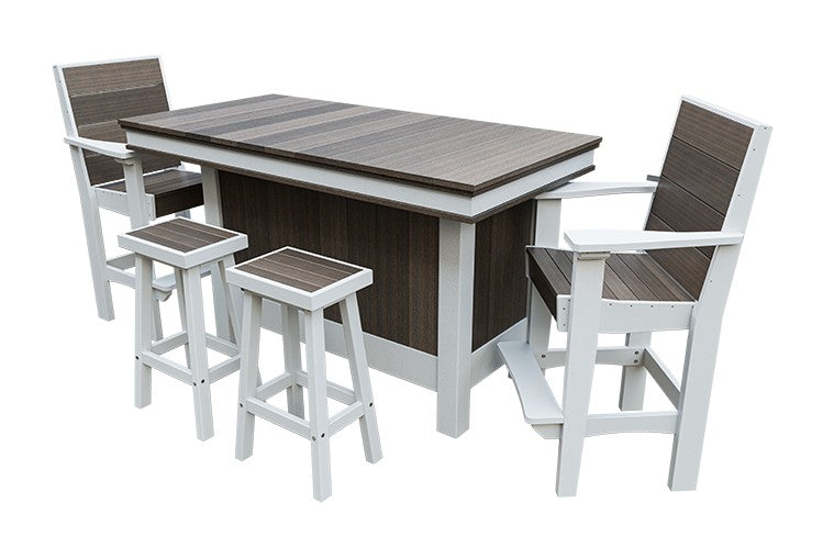 Amish Coastal Modern Patio Bar Set: Bar, 2 Bar Chairs & 2 Barstools in Brazilian Walnut & White