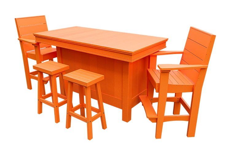 Amish Coastal Modern Patio Bar Set: Bar, 2 Bar Chairs & 2 Barstools in Bright Orange