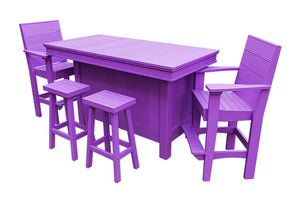Amish Coastal Modern Patio Bar Set: Bar, 2 Bar Chairs & 2 Barstools in Bright Purple