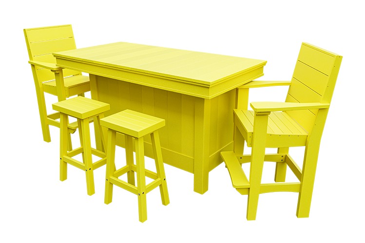 Amish Coastal Modern Patio Bar Set: Bar, 2 Bar Chairs & 2 Barstools in Lemon Yellow