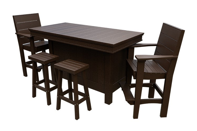 Amish Coastal Modern Patio Bar Set: Bar, 2 Bar Chairs & 2 Barstools in Milwaukee Brown