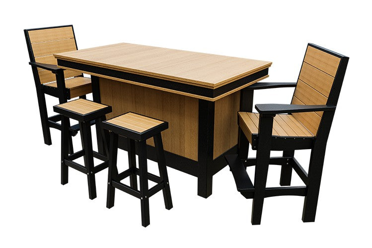 Amish Coastal Modern Patio Bar Set: Bar, 2 Bar Chairs & 2 Barstools in Natural Teak & Black
