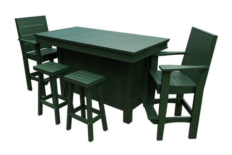 Amish Coastal Modern Patio Bar Set: Bar, 2 Bar Chairs & 2 Barstools in Turf Green