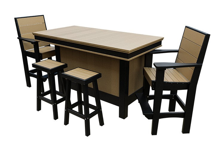 Amish Coastal Modern Patio Bar Set: Bar, 2 Bar Chairs & 2 Barstools in Weathered Wood & Black