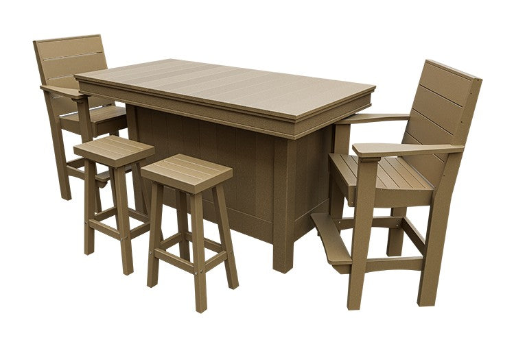 Amish Coastal Modern Patio Bar Set: Bar, 2 Bar Chairs & 2 Barstools in Weathered Wood