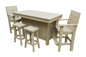Amish Coastal Modern Patio Bar Set: Bar, 2 Bar Chairs & 2 Barstools in Birchwood